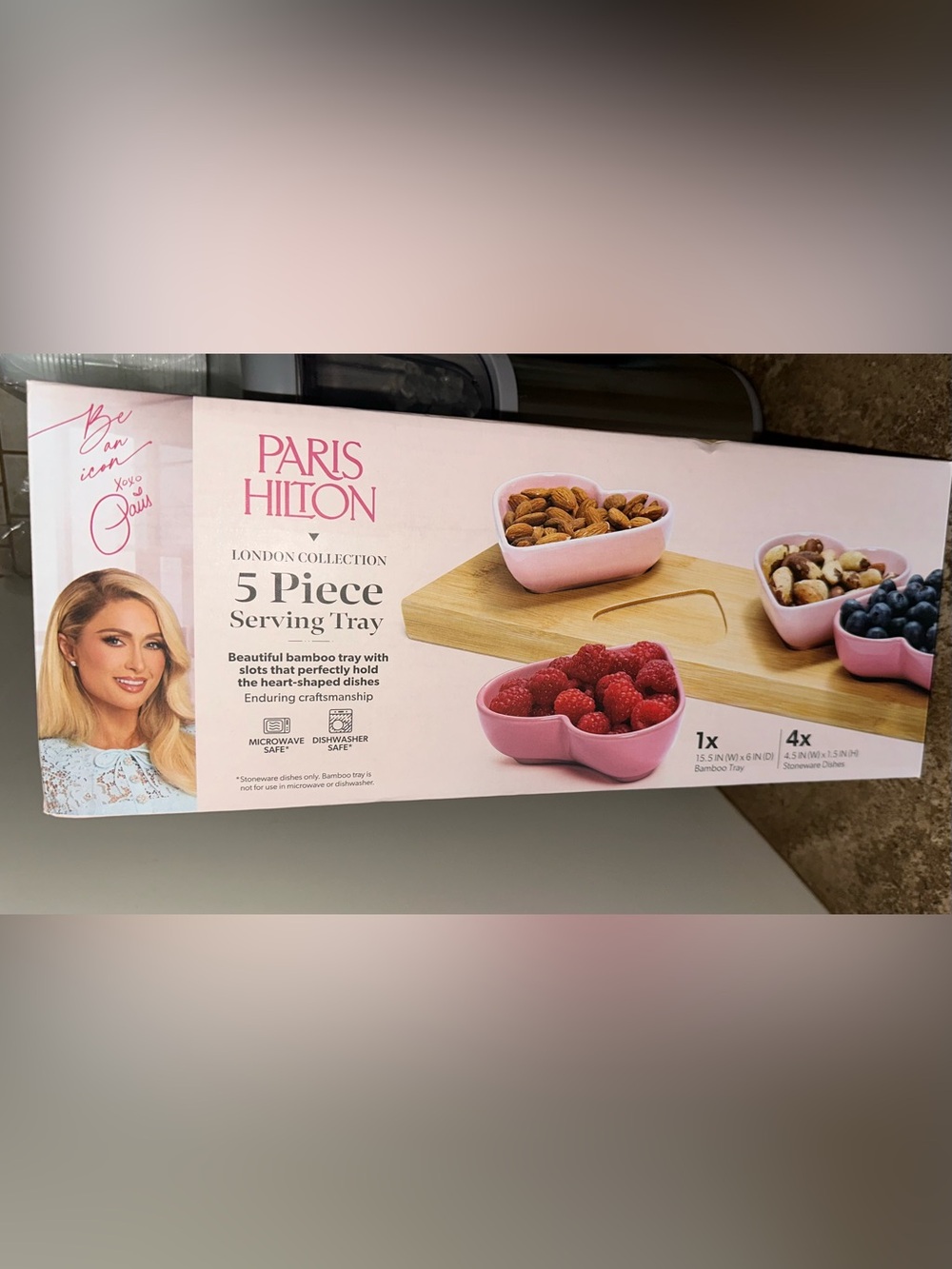 Paris Hilton Pink Heart Dish Set with Bamboo Serving Tray